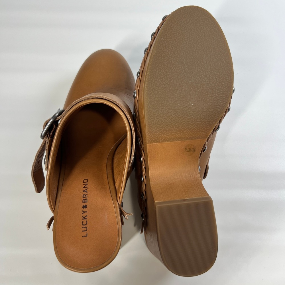 Lucky Brand Clog Heels Tan Leather Studded Braided Trim Slip-On Mule Sandals 7.5 - Picture 5 of 10